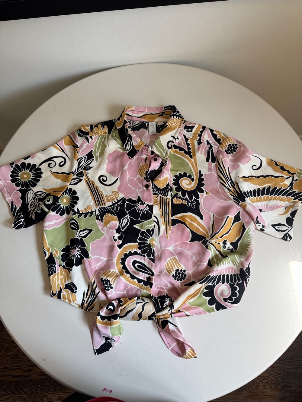 Joie Tropical Tie-Hem Button-Down Shirt - Pink/Black/Green/Gold